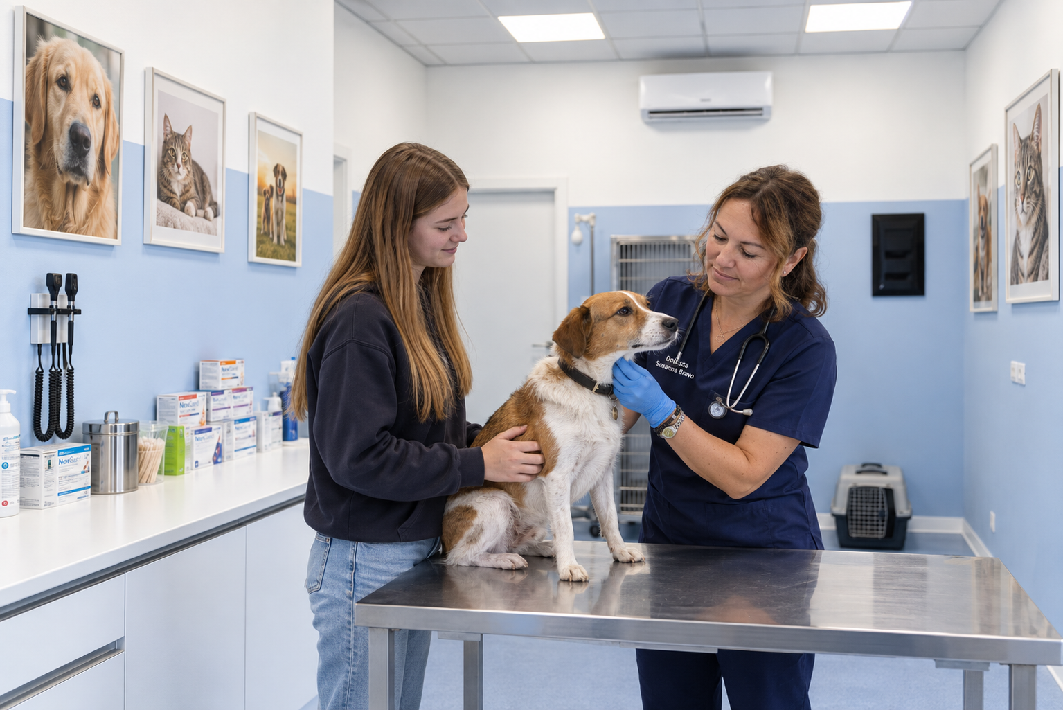 Tierärztin Susanna Bravo untersucht einen Hund auf dem Behandlungstisch, Besitzerin hält ihn ruhig