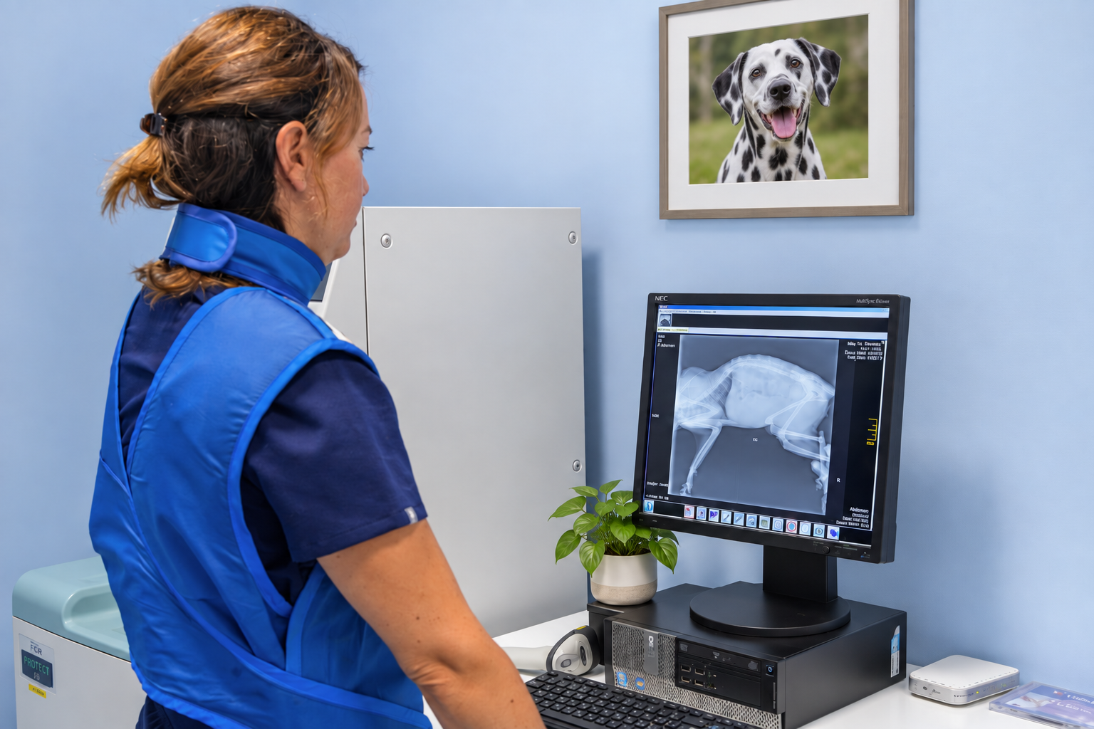 Tierärztin bereitet Hund für digitales Röntgen vor